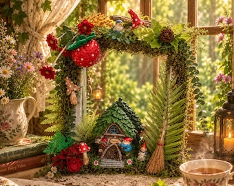 Verspielter Feenland-Spiegel, Feengarten-Spiegel, Baumhaus-Spiegel für Zwerge, handgefertigter Wald-Spiegel, Spiegel im Landhausstil, Feen-Dekor-Spiegel
