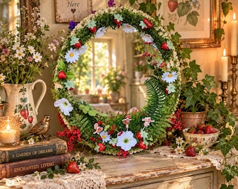 Strawberry Fairy Portal Mirror, Fairycore Home Decor, Cottagecore Mirror, Enchanted Garden Wall Decor, Whimsical Botanical Mirror