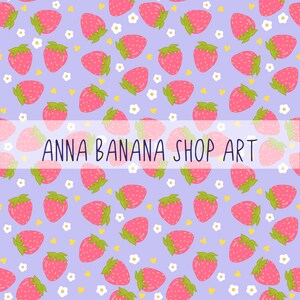 May include: A seamless pattern featuring pink strawberries, white flowers, and yellow hearts on a light purple background. The text "ANNA BANANA SHOP ART" is centred in the middle of the pattern.