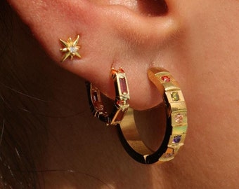 18Kt Gold Multicolour gemstone hoop earrings - dainty gold hoops - small gold hoops - gemstone hoop earrings - vintage earrings