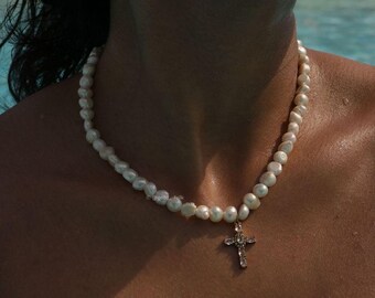Freshwater Pearl Necklace: CZ Cross Charm, Gold Plated