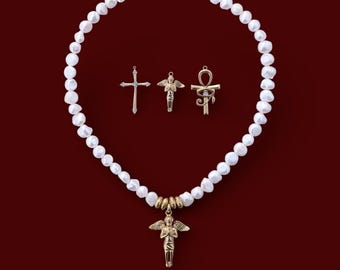 Freshwater Pearl Cherub Choker Necklace – Vintage Inspired Angel Pendant, Romantic Renaissance Pearl Necklace, Tarnish Free Gold. 15.5 inch