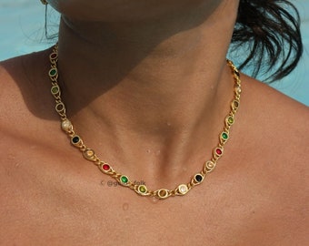 18K Gold Colourful Gem Chain Necklace, Tarnish Free Chain Necklace, Vintage Necklace, Dainty Gold Chain, Multicoloured Gemstone Necklace