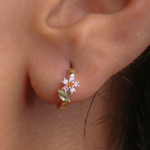 18K Gold 925 Sterling Silver Pink Earrings - Pink Gemstone Earrings - Flower Earrings - Dainty Gold Hoops - Cartilage Hoop Earring