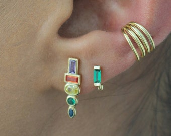 Gold Plated Rainbow Crystal Climber Earring | Gold Ear Cuff | 925 Sterling Silver | Rainbow Earrings | Gold Plated Stud Earrings