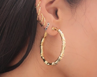 Gold Plated Bamboo Hoop Earrings - Large Bamboo Hoops - Large Gold Hoop Earrings - Oversized Gold Hoops - Minimal Gold Hoop Earrings