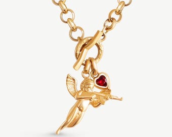 18k Gold Cherub Pendant Necklace - Gold Chain Necklace - Angel Pendant Necklace - Gold Toggle Necklace - Pendant Necklace