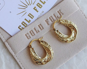 Vintage Style Textured Oval Gold Hoop Earrings, gold hoop earrings, small gold hoops, textured gold hoops, vintage gold hoop earrings