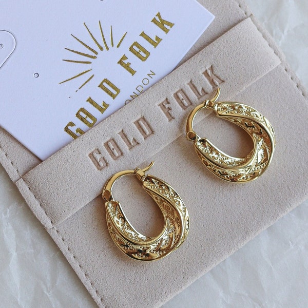Vintage Style Textured Oval Gold Hoop Earrings, gold hoop earrings, small gold hoops, textured gold hoops, vintage gold hoop earrings