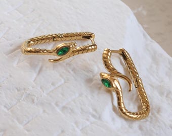 Gold Snake Hoop Earrings with Emerald Green Stone – Emerald CZ Serpent Hoops, Waterproof Tarnish Free 18k Gold Plated