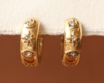Gold Huggie Hoop Earrings - Moon Earrings - Dainty Hoop Earrings - Sun Moon Huggie Earrings - Tiny Hoop - Non Tarnish - Celestial Jewellery