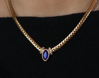 Vintage Sapphire Blue Necklace – Marquise CZ Pendant with Halo, Waterproof Tarnish Free 18k Gold Plated Chain