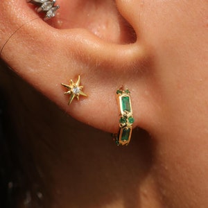 Gift Set - 18Kt Gold Plated 925 Sterling Silver Emerald Earrings - Emerald Green Huggie Hoops - Dainty Gold Hoops - Emerald Crystal Earrings