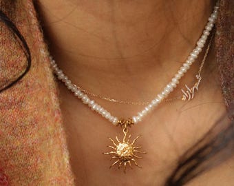 Keshi Pearl Choker Necklace with Sun Pendant – Baroque Freshwater Pearl, Adjustable Gold Chain, Waterproof Tarnish Free