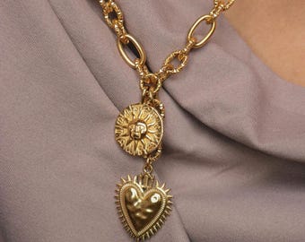 Gold Chunky Chain Necklace - Sacred Heart Pendant Necklace - Chunky Gold Toggle Clasp Necklace - Sun Pendant Necklace - Zodiac Coin Necklace