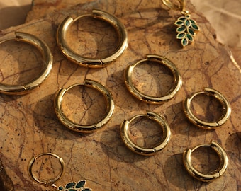 Dainty Minimal Hinged Gold Hoop Earrings - Tarnish Free Gold Hoops - Waterproof Hoops - 18K Gold Plated Stainless Steel Hoops - Thin Hoops
