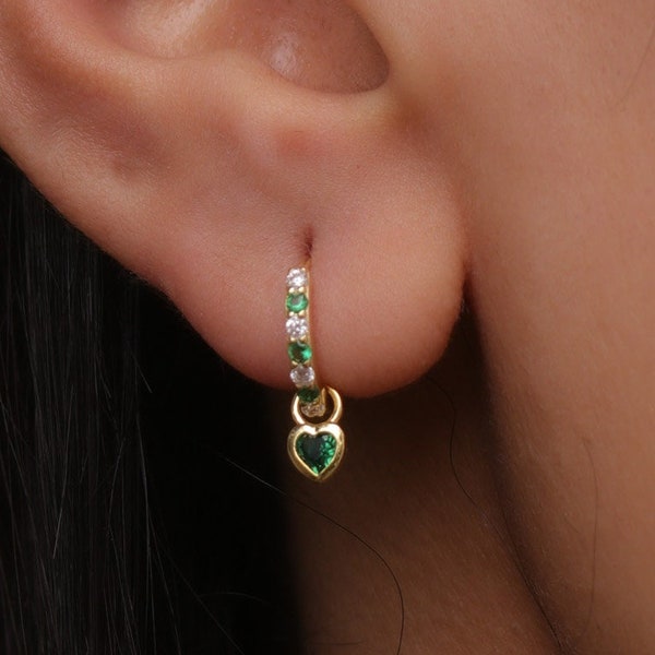 18K Gold Plated Emerald Green Pave Heart Huggie Hoops - Emerald CZ Earrings - Heart Charm Earrings - Emerald Heart Earrings - Gift For Her