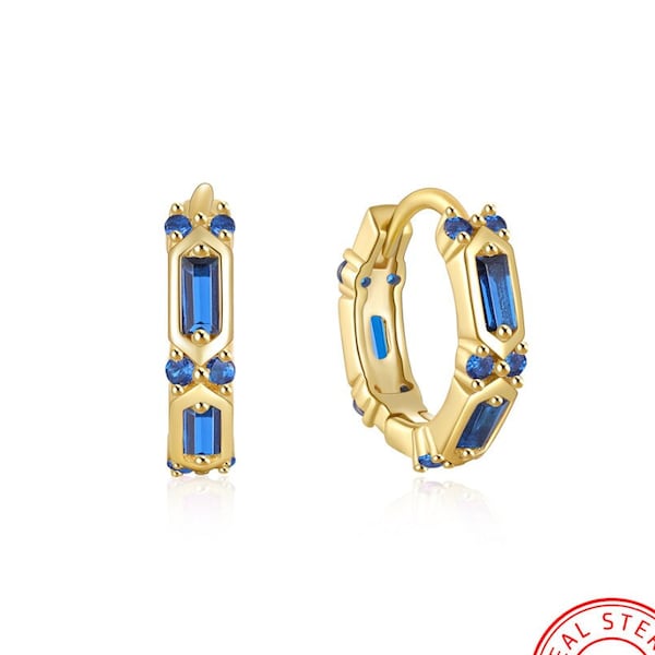 Blue Sapphire Huggies - 18k Gold Plated Hoop Earrings - Sterling Silver - Sapphire Huggies - Blue Gemstone Huggies - Gift For Her