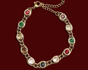 18K Gold Colourful Gem Chain Bracelet, Tarnish Free Bracelet, Vintage Necklace, Multicoloured Gemstone Bracelet, gold tennis bracelet