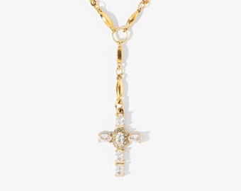 18K Gold Crystal Gem Cross Necklace | Cross Necklace | Gold Rosary Necklace | Gemstone Rosary | Dainty Gold Rosary Necklace
