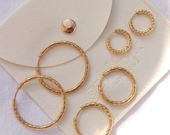 Dainty Minimal Hinged Gold Hoop Earrings - Waterproof Hoops - 18K Gold Plated Stainless Steel Hoops - Thin Hoops - Hammered Gold Hoops