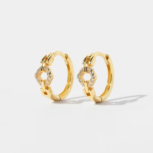 18kt Gold 925 Sterling Silver Chain Link Huggies - Dainty Gold Hoops - Minimal Hoop Earrings - Cartilage Hoop - Gemstone Huggie Earrings