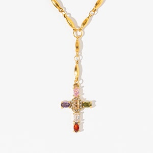 18K Gold Colourful Gem Cross Necklace | Cross Necklace | Gold Rosary Necklace | Gemstone Rosary | Dainty Gold Rosary Necklace