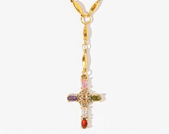18K Gold Colourful Gem Cross Necklace | Cross Necklace | Gold Rosary Necklace | Gemstone Rosary | Dainty Gold Rosary Necklace