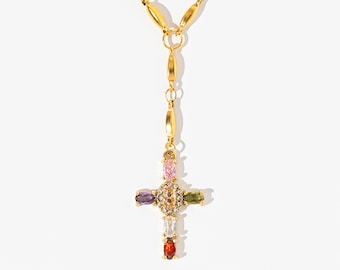 18K Gold Colourful Gem Cross Necklace | Cross Necklace | Gold Rosary Necklace | Gemstone Rosary | Dainty Gold Rosary Necklace