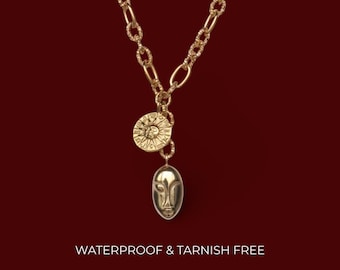 Tarnish Free Gold Zodiac Coin Necklace – Sun Medallion & Face Pendant Chain, Waterproof Celestial Gift for Her, Double pendant, Coin Pendant