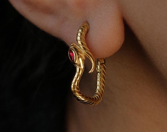 Gold Snake Hoop Earrings with Red Stone – Garnet CZ Serpent Hoops, Waterproof Tarnish Free 18k Gold Plated