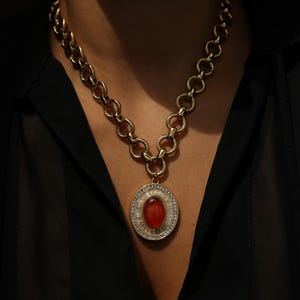 18K Gold Carnelian Pendant Necklace - Large Pendant Necklace - Natural Gemstone Necklace - Gemstone Pendant Necklace - Chunky Gold Chain