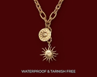 Tarnish Free Gold Sun Necklace – Double Sun Pendant Chain, Waterproof Dainty Celestial Jewelry, Minimalist Gift for Her