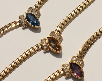 18K Gold Colourful Gemstone Chain Necklace | Vintage Chain Necklace - Dainty Gold Chain - Gemstone Necklace - Gemstone Charm Necklace