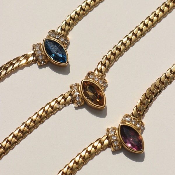 18K Gold Colourful Gemstone Chain Necklace | Vintage Chain Necklace - Dainty Gold Chain - Gemstone Necklace - Gemstone Charm Necklace