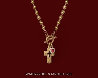 Gold Cross Heart Charm Necklace - Toggle Necklace - Charm Necklace - Cross Necklace - Heart Necklace, OT Clasp Necklace, Statement Necklace