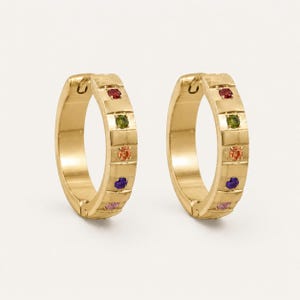 Rainbow Gemstone Gold Hoop Earrings – Waterproof Vintage Inspired 18kt Gold PVD Hoop Earrings