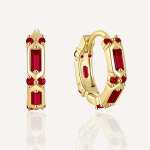 18Kt Gold Plated 925 Sterling Silver Garnet Huggie Hoop Earrings - Red Earrings - Gold Hoop Earrings UK - Huggie Hoop Earrings