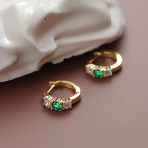 18Kt Gold Plated 925 Sterling Silver Emerald Earrings - Emerald Green Huggie Hoops - Dainty Gold Hoops - Emerald Crystal Earrings
