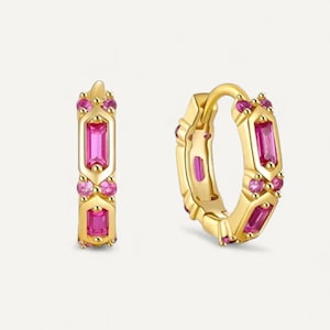 18K Gold Plated Pink Gem Huggie Hoops - Pink Crystal Huggie Hoops - Pink Earrings - Gold Plated Huggies - Gift For Her