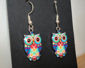DARLING HANDMADE GLASS OWL PENDANT /& MATCHING EARRINGS IN BLUE