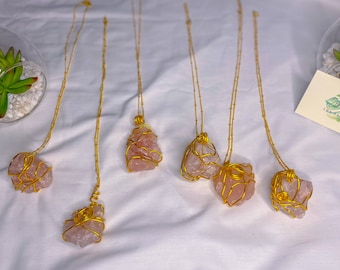 Handmade Natural Rose Quartz Crystal Necklace A Grade Stone Madagascar