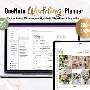 May include: A digital wedding planner on a laptop and tablet. The planner is organized with tabs for checklists, budgets, vendors, and more. The planner is designed with a floral theme and includes a page with wedding flower inspiration.