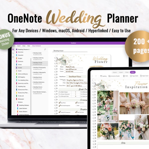 OneNote Wedding Planner, Wedding Checklist, Wedding Planner, Hyperlinked One Note Planner, Android, iPad, Windows, Mac, Surface Pro, Desktop