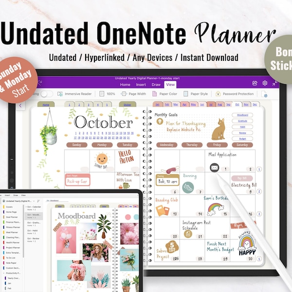 OneNote Digital Planner, Undated One Note Planner, Hyperlinked OneNote Digital Planner, Android, iPad, Windows, Mac, Surface Pro, Desktop