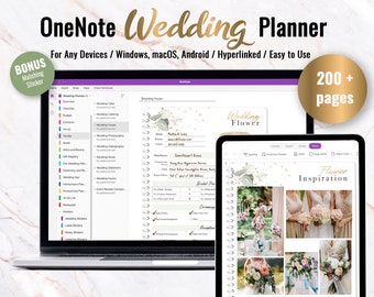 OneNote Wedding Planner, Wedding Checklist, Wedding Planner, Hyperlinked One Note Planner, Android, iPad, Windows, Mac, Surface Pro, Desktop