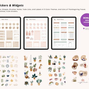 May include: Digital stickers and widgets in various themes, including Boho, Pink, and Pastel. The image showcases icons, shapes, brushes, notes, and labels. Includes bonus stickers. The text says "Stickers & Widgets".