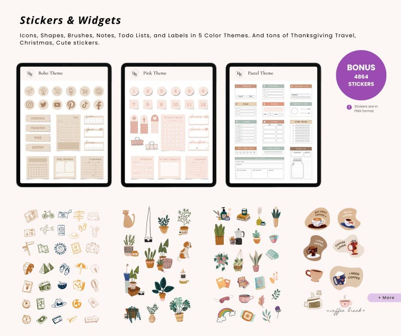 May include: Digital stickers and widgets in various themes, including Boho, Pink, and Pastel. The image showcases icons, shapes, brushes, notes, and labels. Includes bonus stickers. The text says "Stickers & Widgets".