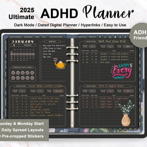 Dark Mode ADHD Planner, Adhd Notebook, Adult ADHD Planner, ADHD Daily Planner, Adhd tracker, Neurodivergent,for iPad GoodNotes Notability