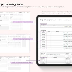 May include: Digital project meeting notes template displayed on a tablet. The template includes sections for project schedules, kickoff notes, recurring meetings, and regular meeting notes. The text reads "Project Meeting Notes".